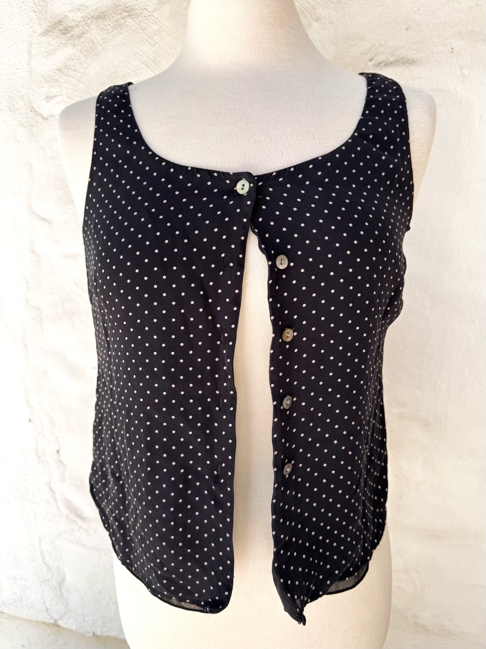 Rena Rowan 100% Silk Black Polka Dot Button-Front Camisole